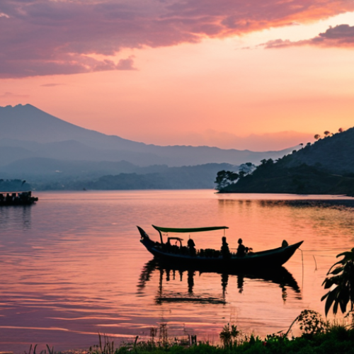 **Prompt:** Scenic view of Lake Kivu, Rwanda, at sunset. Lush green hills surrounding the lake, with traditional fishing boats silhouetted against the orange and pink sky. Gentle ripples on the water, reflecting the vibrant colors. In the distance, a modern methane extraction platform is visible, subtly blending into the landscape. Focus on the natural beauty and the innovative technology working in harmony. Japanese text overlay: "キブ湖：美しさとエネルギー" (Lake Kivu: Beauty and Energy)