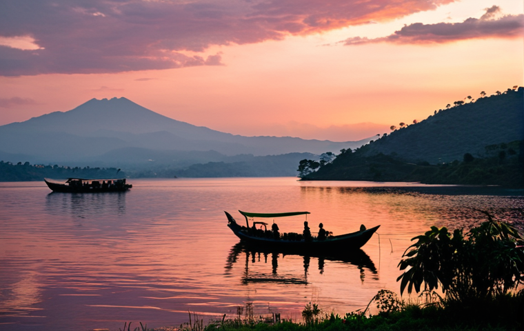 **Prompt:** Scenic view of Lake Kivu, Rwanda, at sunset. Lush green hills surrounding the lake, with traditional fishing boats silhouetted against the orange and pink sky. Gentle ripples on the water, reflecting the vibrant colors. In the distance, a modern methane extraction platform is visible, subtly blending into the landscape. Focus on the natural beauty and the innovative technology working in harmony. Japanese text overlay: "キブ湖：美しさとエネルギー" (Lake Kivu: Beauty and Energy)