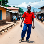 A skilled Burundian moto-taxi driver, wearing a modest polo shirt and trousers, safely navigating an unpaved, winding street in Bujumbura. A passenger, fully clothed in appropriate, everyday attire, sits behind him. In the background, local people are seen walking and going about their daily routines amidst small shops and traditional buildings, reflecting the lively atmosphere of Burundi's daily commute. The image is a professional photograph, high detail, with vibrant colors and natural lighting. Perfect anatomy, correct proportions, well-formed hands, proper finger count, natural body proportions, natural pose, safe for work, appropriate content, fully clothed, modest.