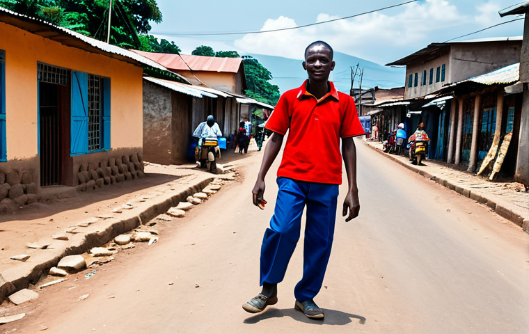 A skilled Burundian moto-taxi driver, wearing a modest polo shirt and trousers, safely navigating an unpaved, winding street in Bujumbura. A passenger, fully clothed in appropriate, everyday attire, sits behind him. In the background, local people are seen walking and going about their daily routines amidst small shops and traditional buildings, reflecting the lively atmosphere of Burundi's daily commute. The image is a professional photograph, high detail, with vibrant colors and natural lighting. Perfect anatomy, correct proportions, well-formed hands, proper finger count, natural body proportions, natural pose, safe for work, appropriate content, fully clothed, modest.