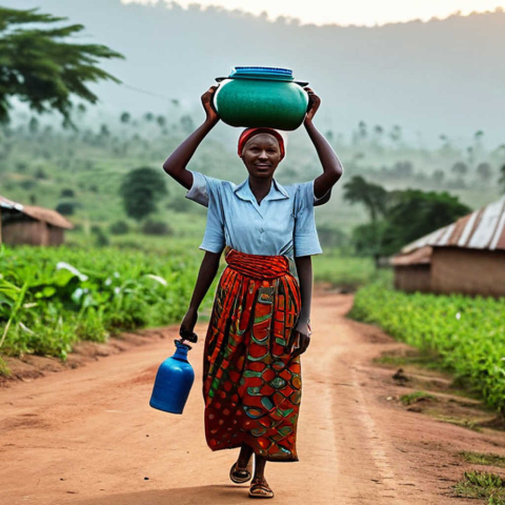 부룬디 여성의 역할 - **
"A Burundi woman in modest, traditional clothing, carrying water jugs on her head, walking throu...