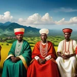 부룬디 독립 역사 - **A majestic scene depicting the ancient Burundi Kingdom (17th-19th century).** The Mwami (king), ad...